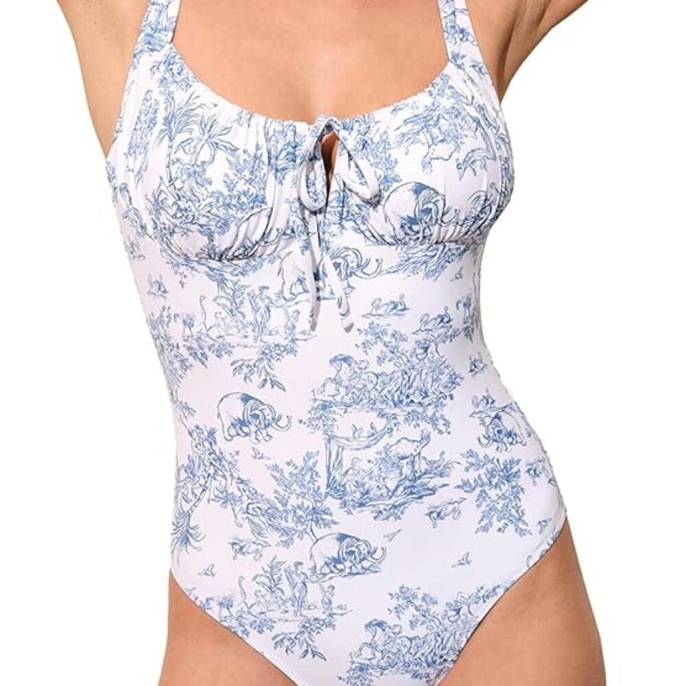 Berlook White & Blue Floral One Piece Swimsuit Size Medium